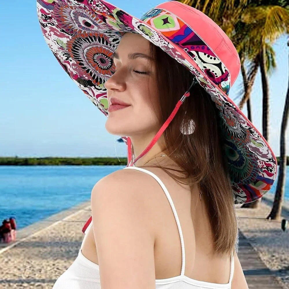 Women Floral Summer Sun Hat Ultra Wide Brim UV Protection Reversible Foldable